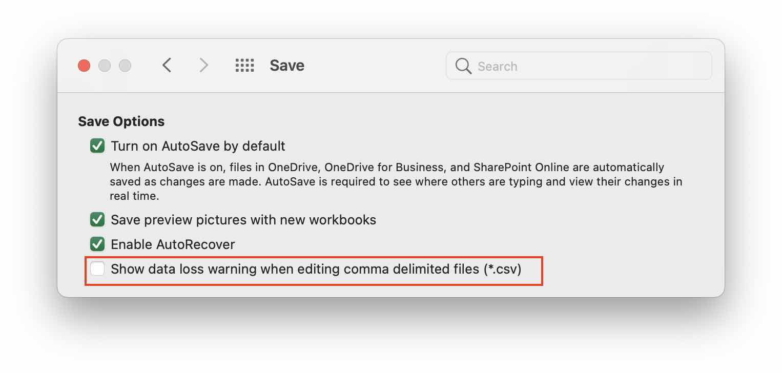 Mac Excel - Show data loss warning when editing comma delimited files csv